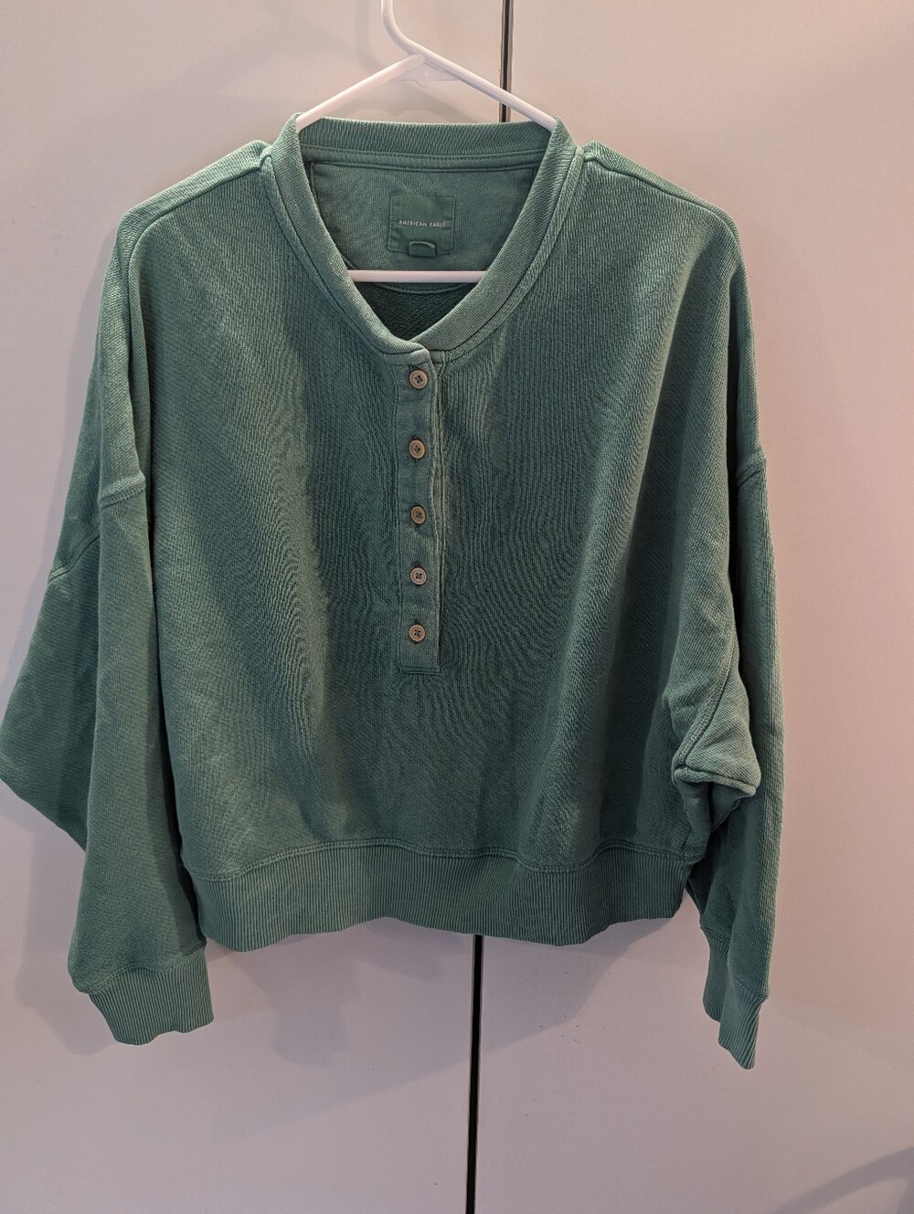 American Eagle Medium Henley Pullover Sweatshirt in Seafoam Green